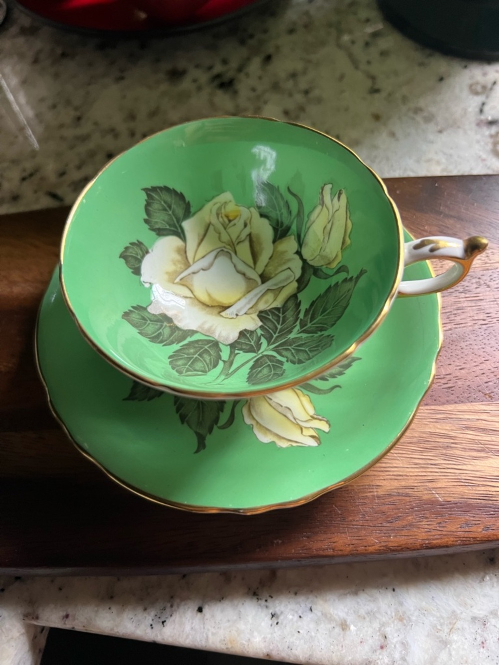 PARAGON Collector’s Item! Green & cream Rose Tea Cup and Saucer